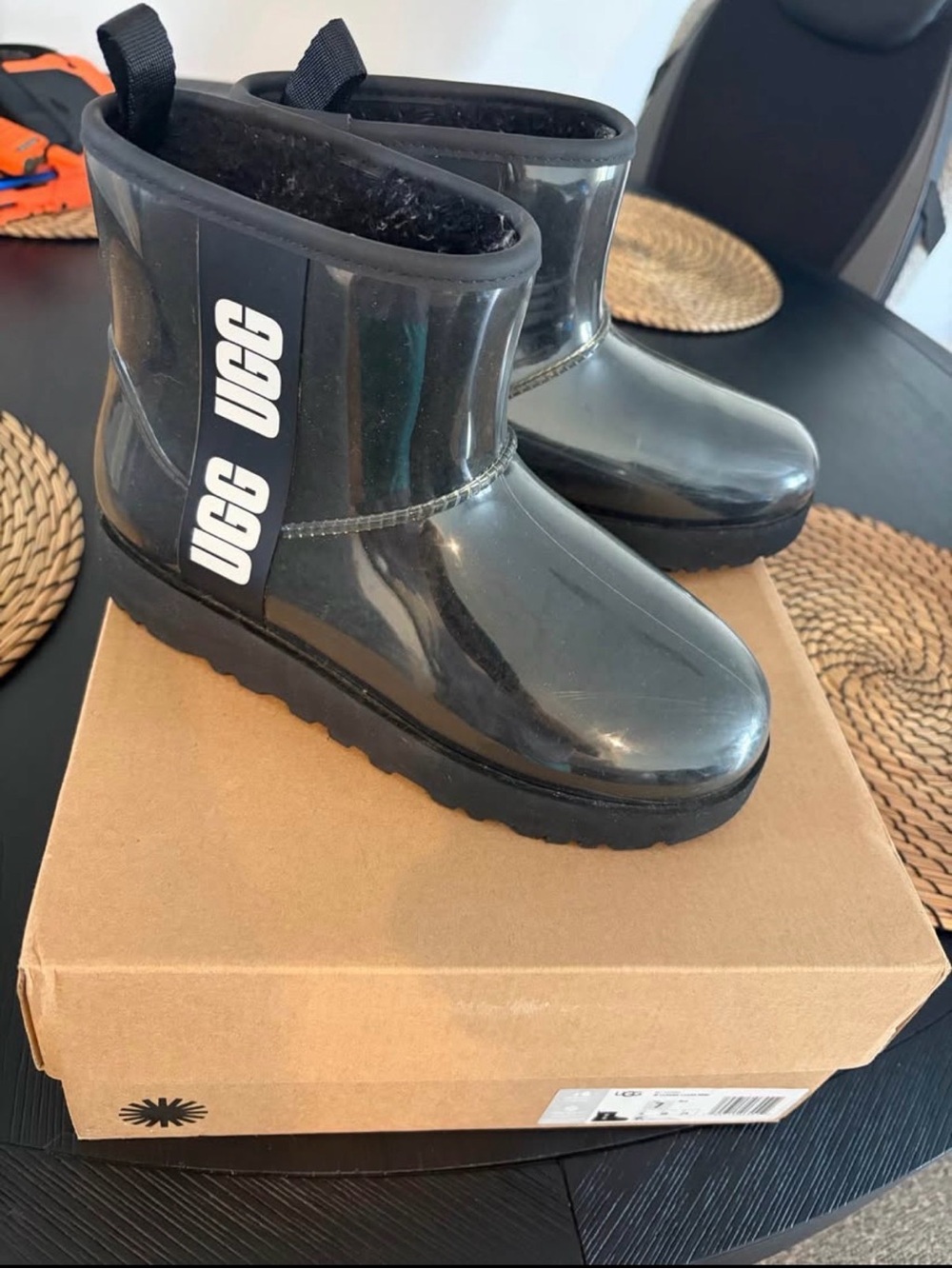 UGG Clear Black Rain Boots with Logo